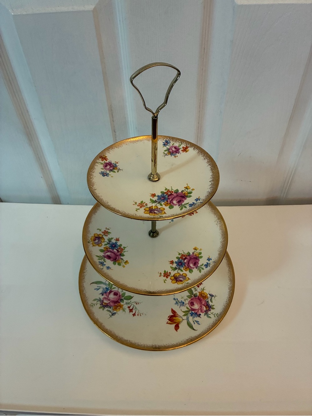 Vintage Royal Winton Grimwades 3-Tier Cake Stand Floral Gold Trim WWII Era